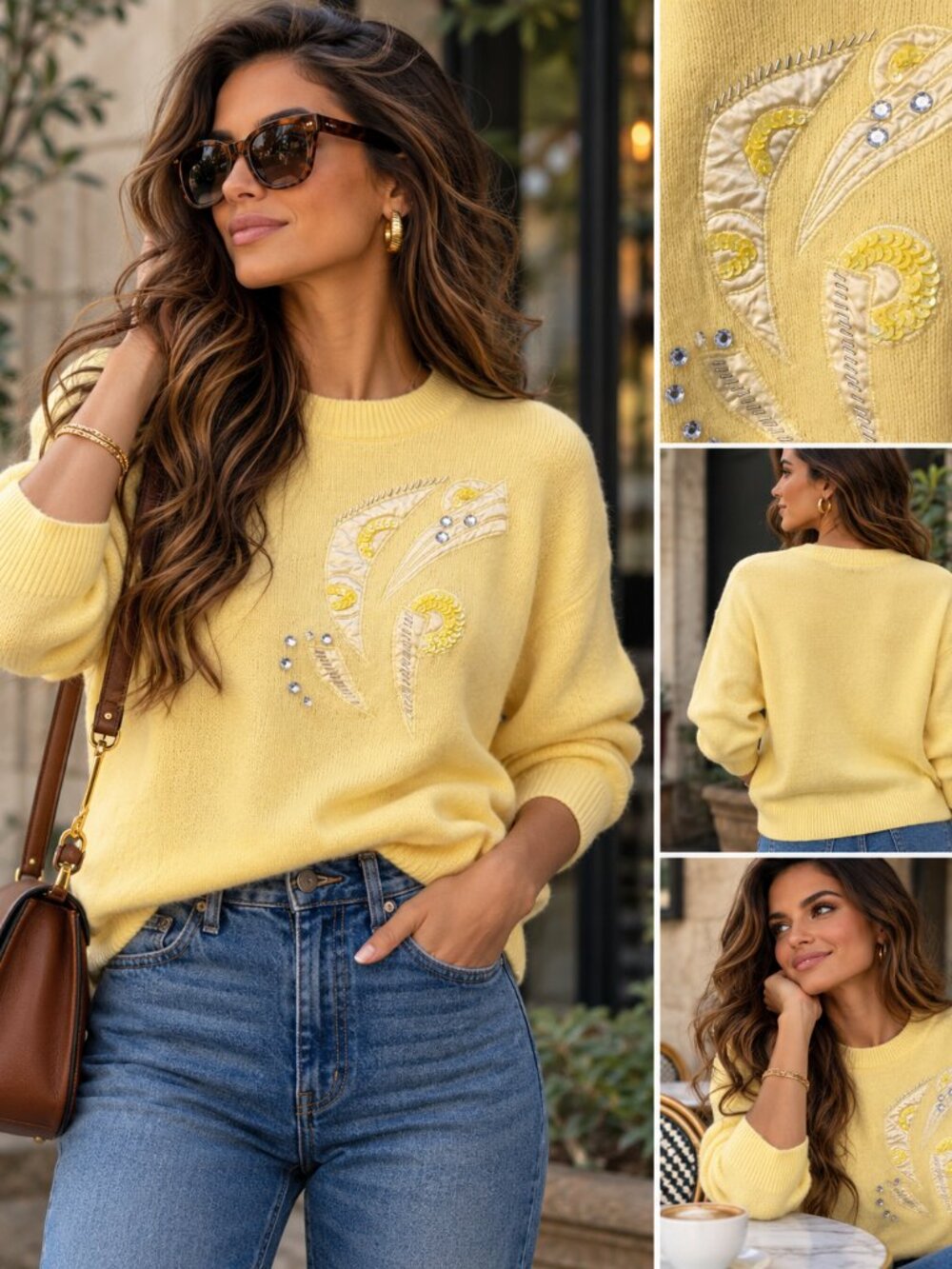 Vintage VOILA Lambswool Angora Sweater 40 Yellow Sequin Beaded Applique